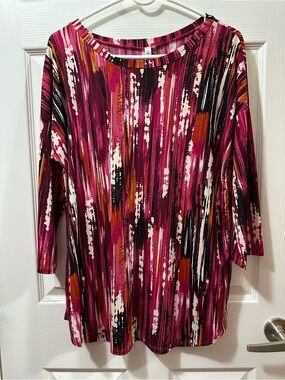 Fuchsia Abstract-Brushstroke Long Sleeve Blouse